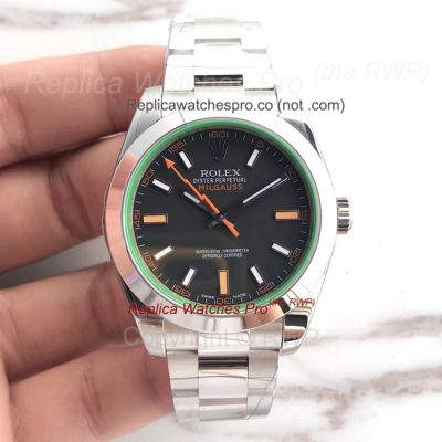 Copy Rolex Milgauss Black Dial Orange Pointer Stainless Steel Case Watch